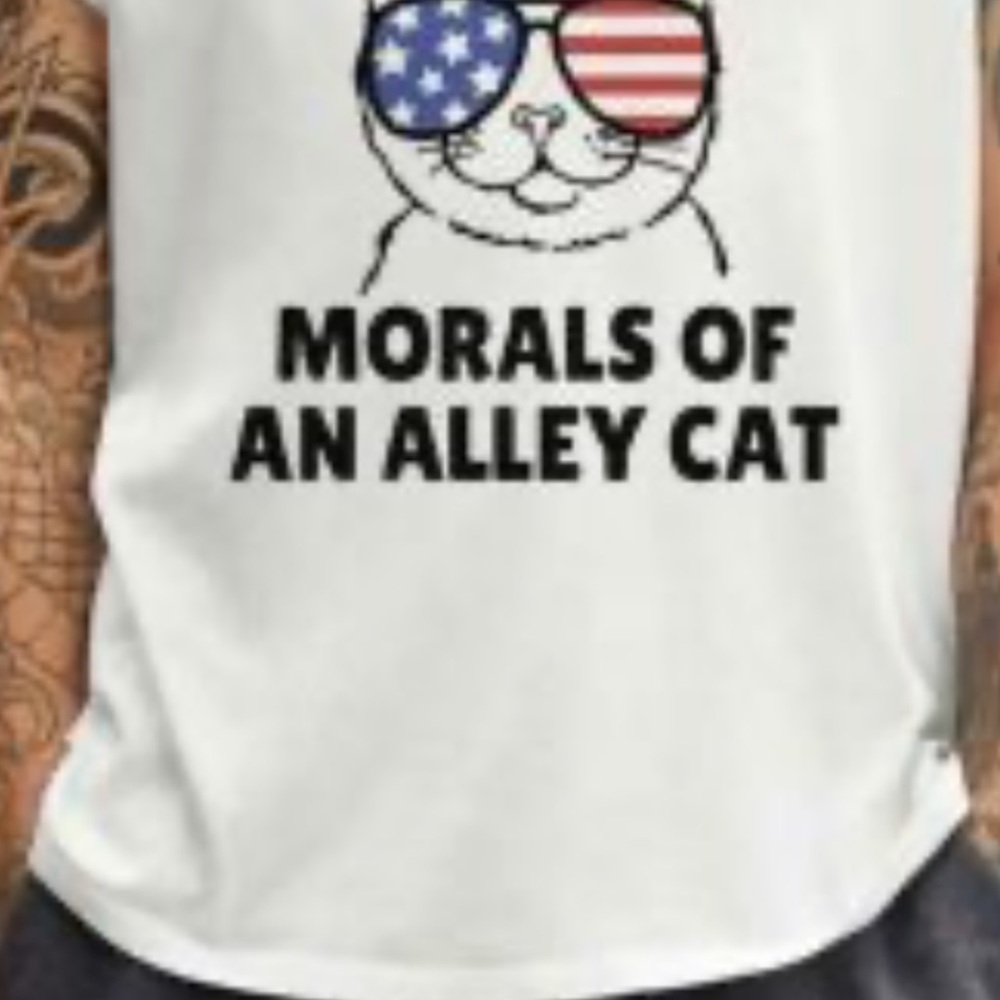 Morals of an Alley Cat White Cat Tee - Patriotic Sunglasses